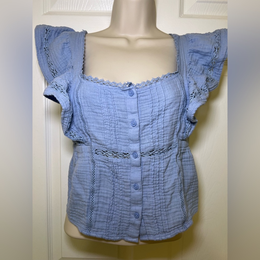Aerie Light Blue Button-Up Blouse with Lace